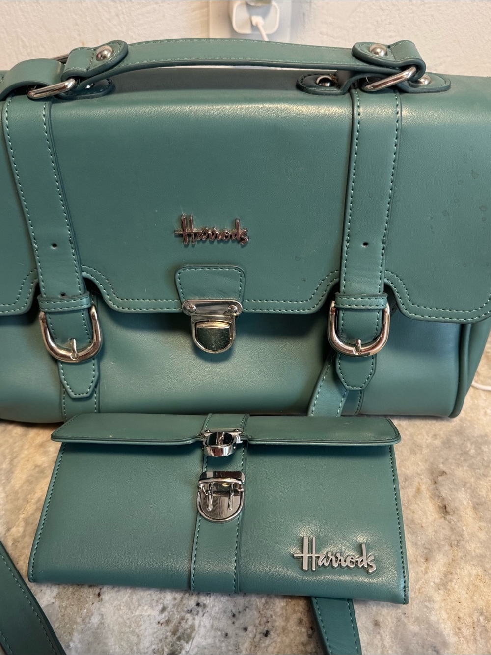 Harrods Teal Leather Satchel and Matching Wallet Set